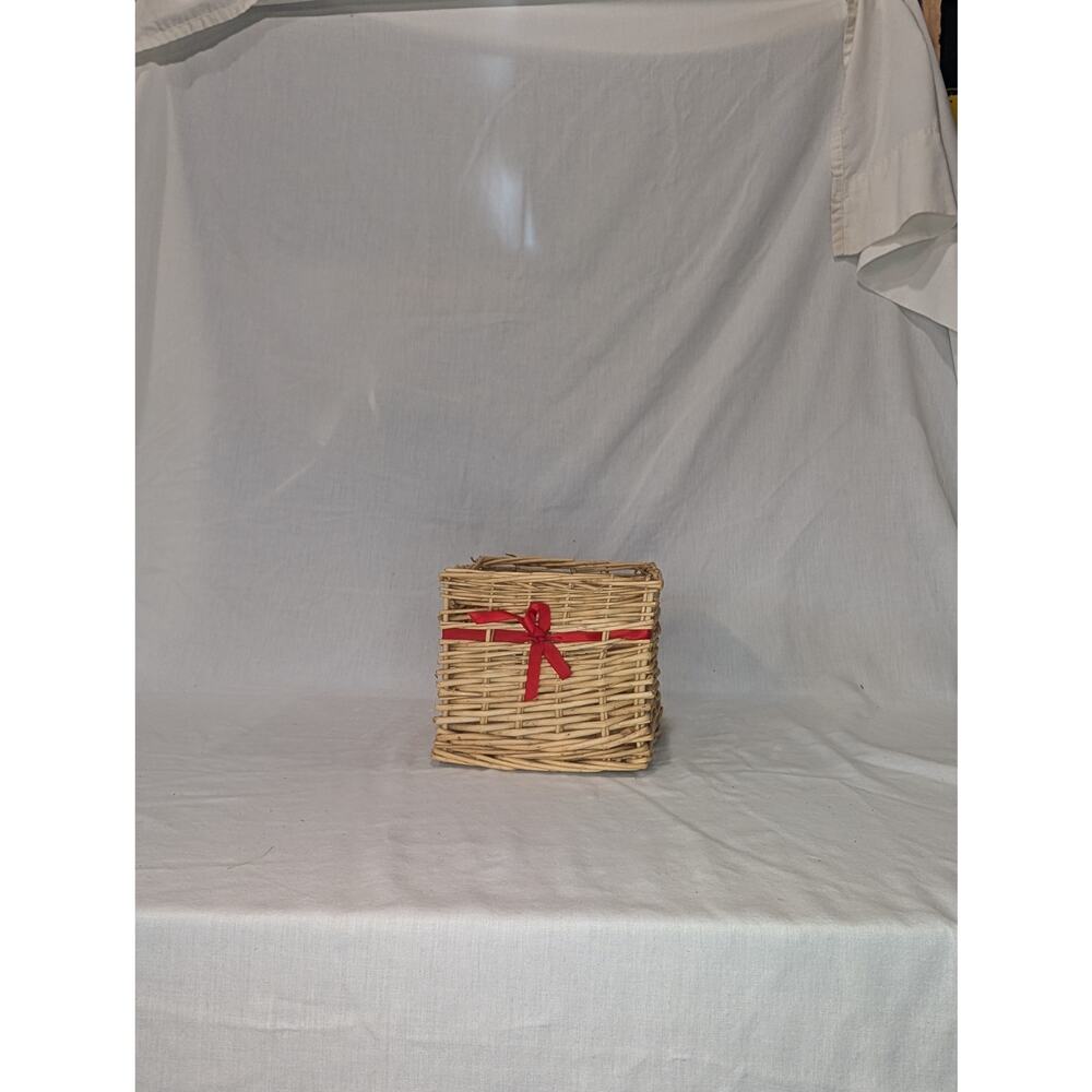 Woven Wicker Basket Red Ribbon Rustic Farmhouse Decor